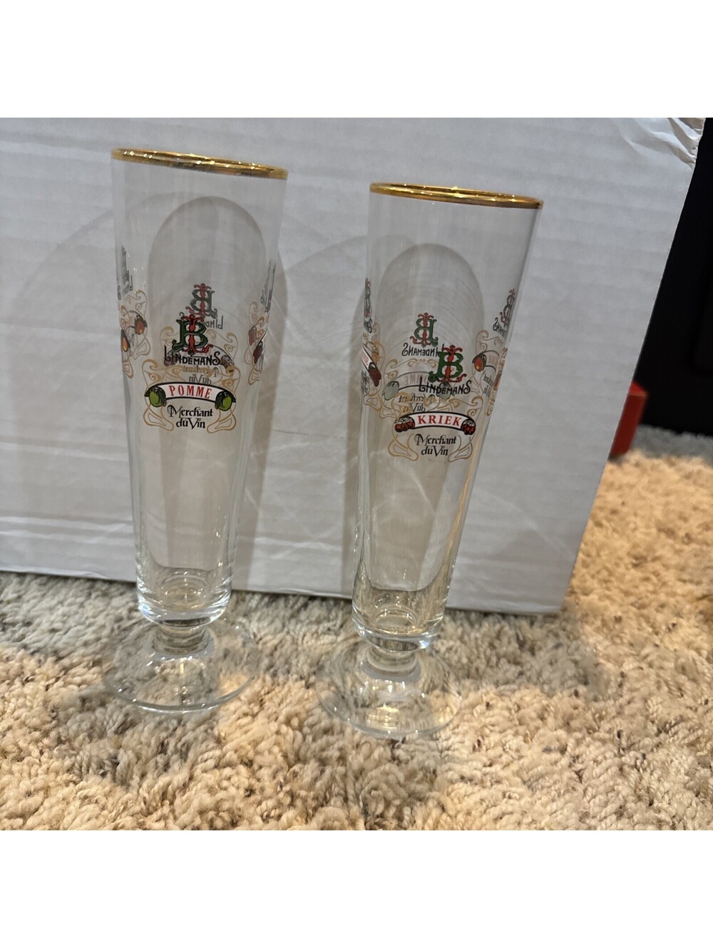 Pair Of Vintage 8” Lindemans Gold Rim Glass Beer Flute From Their Brewery